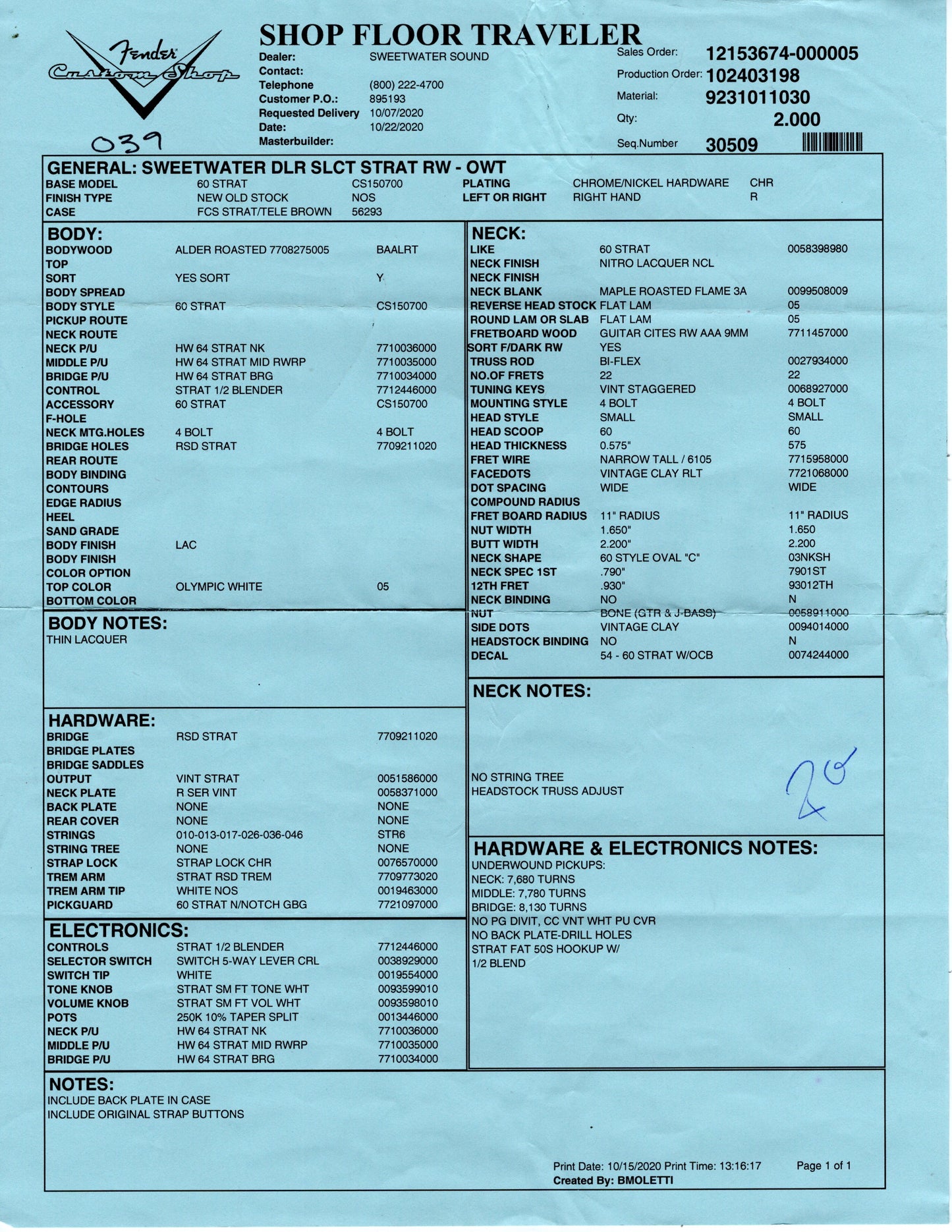 2020 Fender Custom Shop GT11 Stratocaster NOS - Olympic White - 7.8 lbs