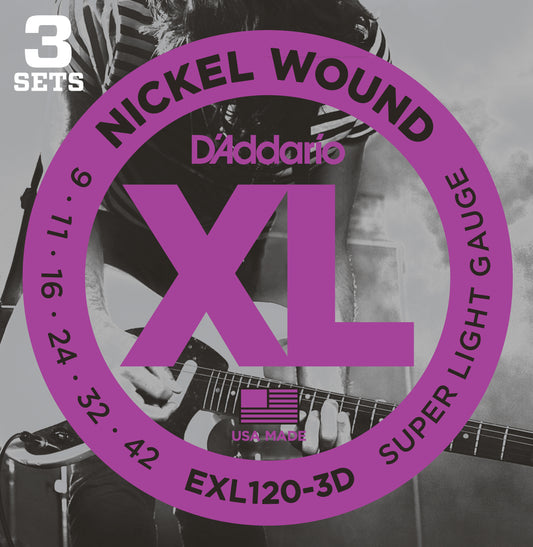 D'Addario EXL120-3D Nickel Wound Electric Guitar Strings, Super Light Gauge